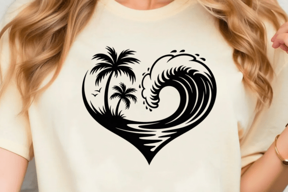 Heart Palm Tree Ocean Wave SVG for T-Shirt Designs and Graphics