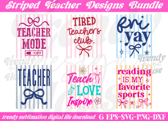 Striped Teacher Coquette SVG PNG Bundle for T-Shirt Designs