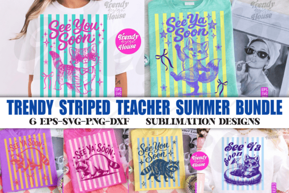 TRENDY STRIPED TEACHER SUMMER PNG BUNDLE for T-Shirt Designs and Graphics